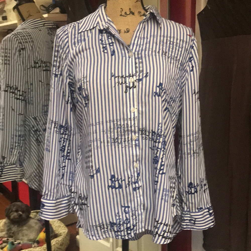 Chico’s peplum button blouse with script print.